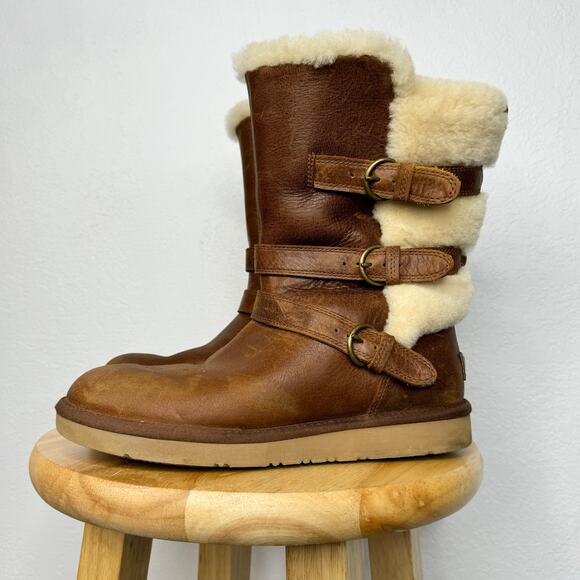 Ugg Women's Brown Becket Mid Calf Pull On Winter Shearling Buckle Boots Size 8 - Picture 2 of 10
